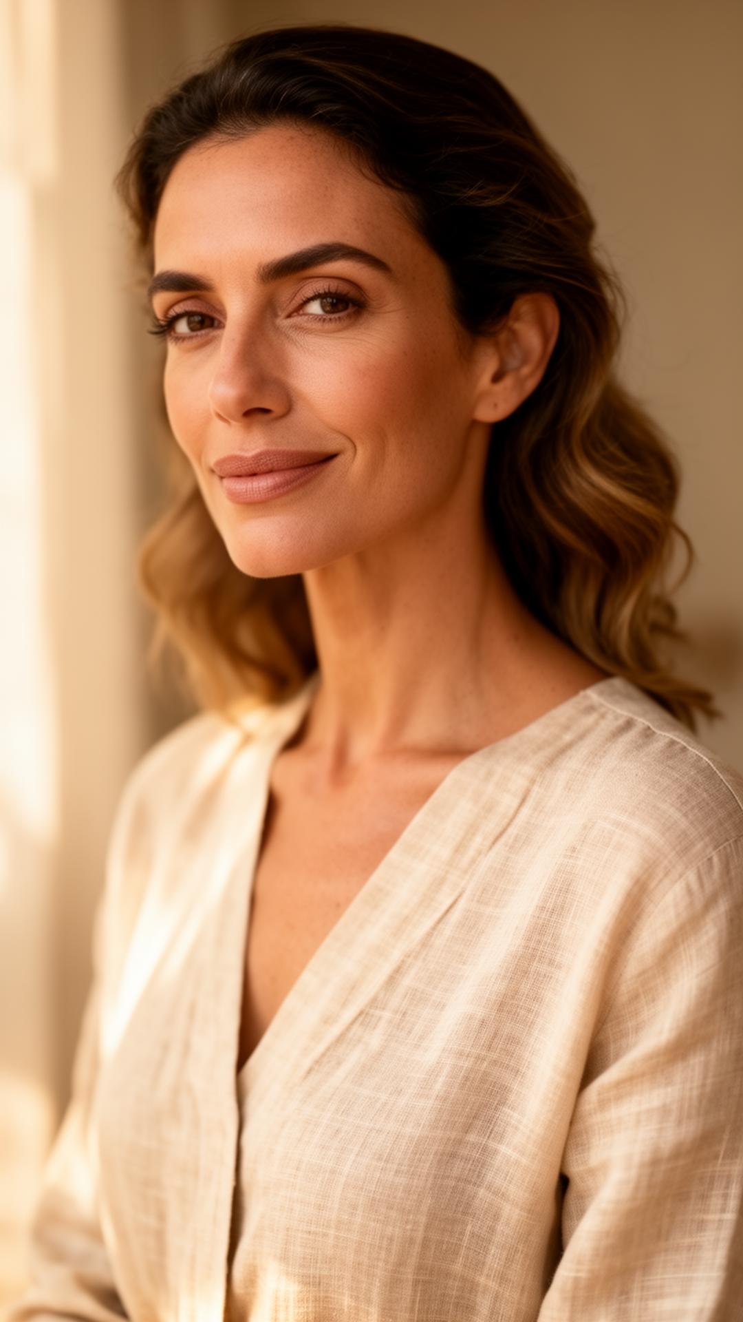 Mulher serena em luz natural representando o conceito de wellness